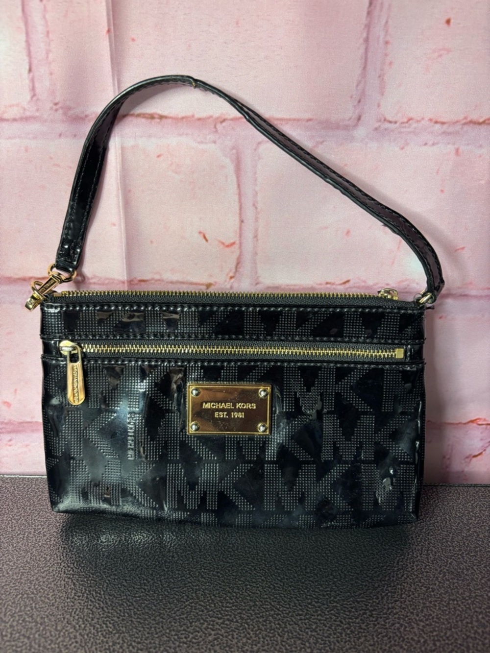 Michael Kors Black Monogram Wristlet Clutch with Gold Hardware